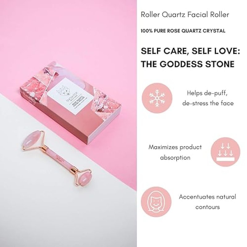 SNOW FOX ROSE QUARTZ FACIAL ROLLER AUTHENTIC DUAL-ENDED CRYSTAL, COOLING DE-PUFFING TOOL
