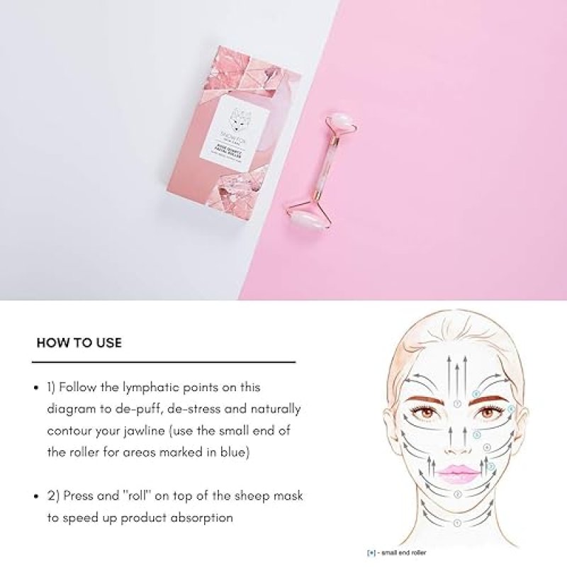 SNOW FOX ROSE QUARTZ FACIAL ROLLER AUTHENTIC DUAL-ENDED CRYSTAL, COOLING DE-PUFFING TOOL
