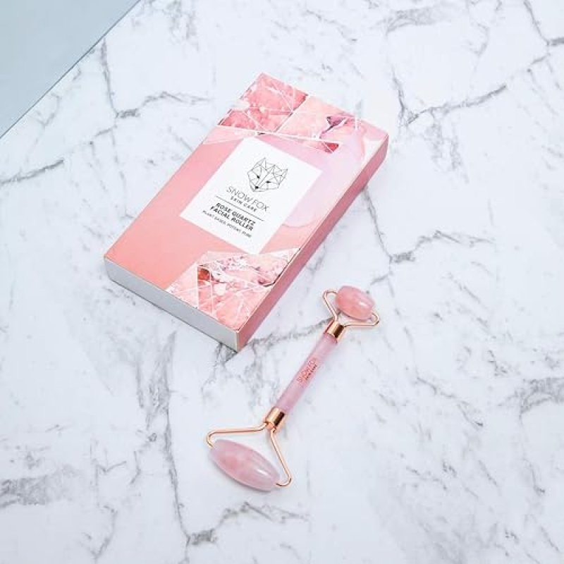 SNOW FOX ROSE QUARTZ FACIAL ROLLER AUTHENTIC DUAL-ENDED CRYSTAL, COOLING DE-PUFFING TOOL