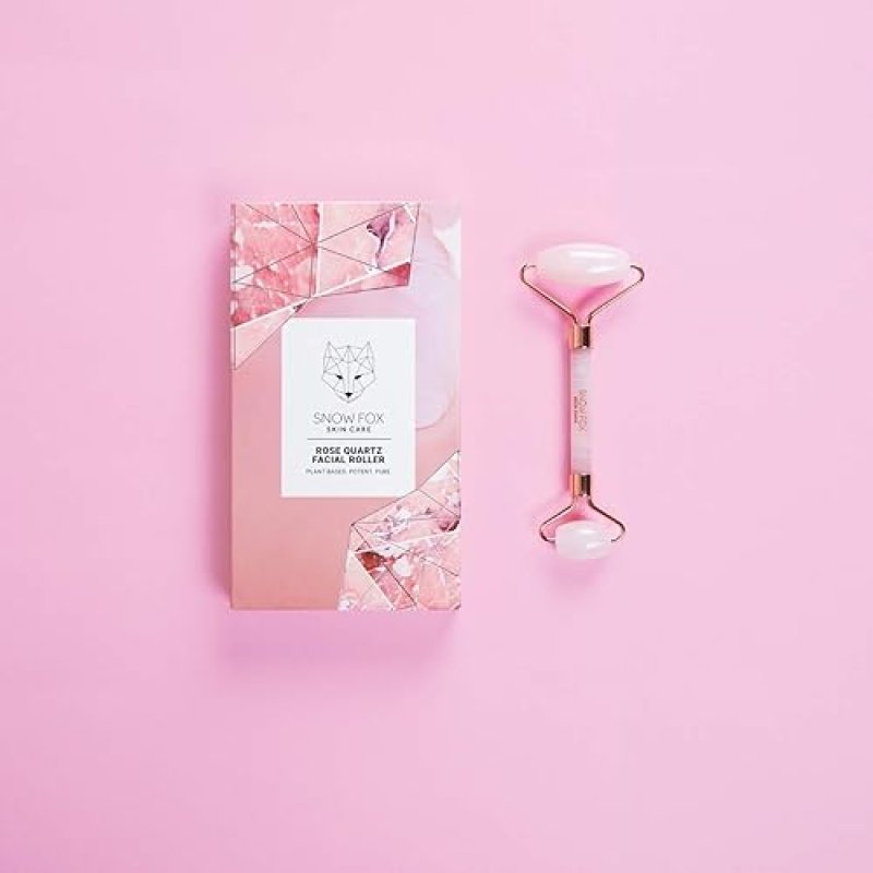 SNOW FOX ROSE QUARTZ FACIAL ROLLER AUTHENTIC DUAL-ENDED CRYSTAL, COOLING DE-PUFFING TOOL