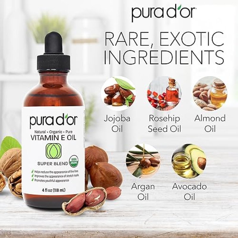 PURA DOR ORGANIC VITAMIN E OIL 4OZ USDA CERTIFIED MOISTURIZER FOR FACE, BODY, HAIR BATH