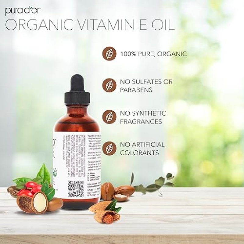 PURA DOR ORGANIC VITAMIN E OIL 4OZ USDA CERTIFIED MOISTURIZER FOR FACE, BODY, HAIR BATH