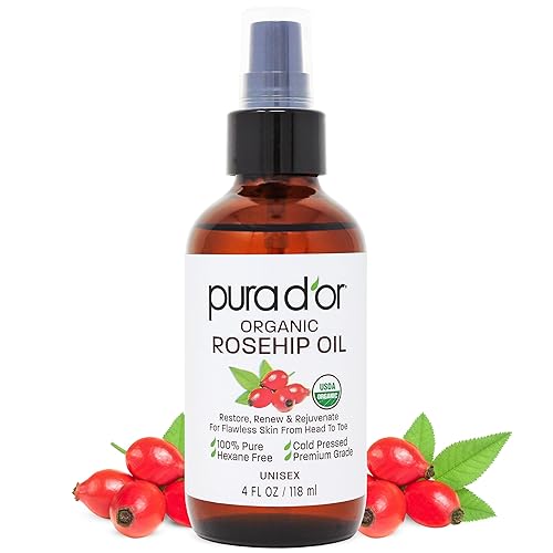 PURA DOR ORGANIC ROSEHIP SEED OIL 4OZ 100 PURE, COLD PRESSED, USDA, SCAR STRETCH MARK CARE