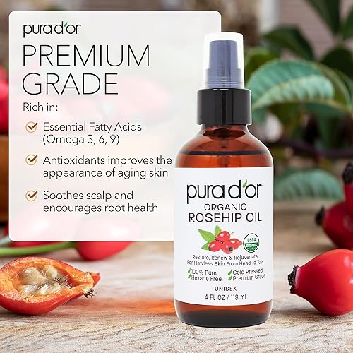 PURA DOR ORGANIC ROSEHIP SEED OIL 4OZ 100 PURE, COLD PRESSED, USDA, SCAR STRETCH MARK CARE