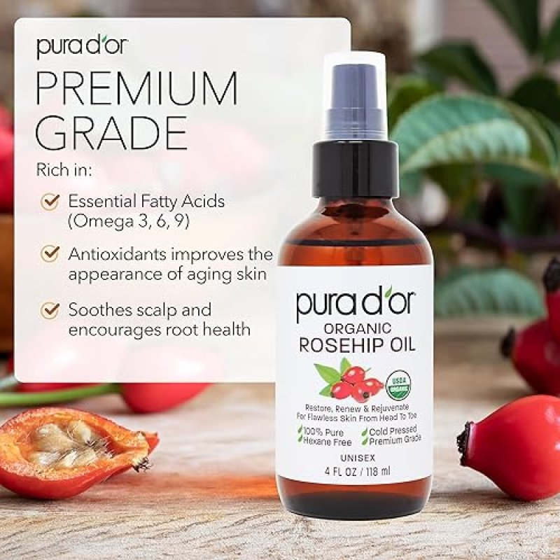 PURA DOR ORGANIC ROSEHIP SEED OIL 4OZ 100 PURE, COLD PRESSED, USDA, SCAR STRETCH MARK CARE