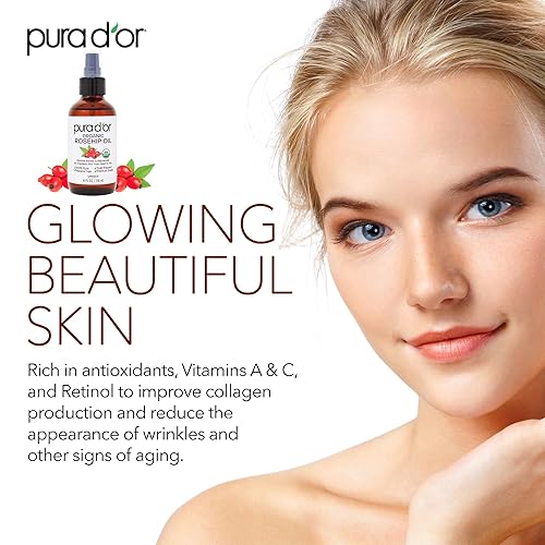 PURA DOR ORGANIC ROSEHIP SEED OIL 4OZ 100 PURE, COLD PRESSED, USDA, SCAR STRETCH MARK CARE
