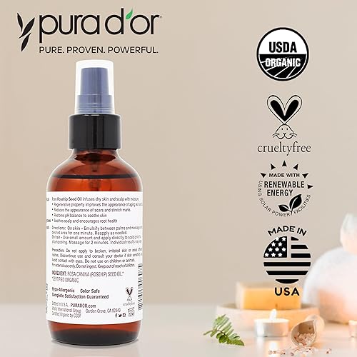 PURA DOR ORGANIC ROSEHIP SEED OIL 4OZ 100 PURE, COLD PRESSED, USDA, SCAR STRETCH MARK CARE