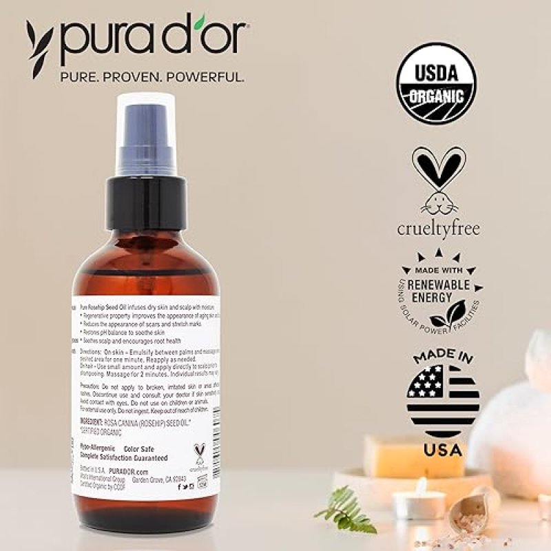 PURA DOR ORGANIC ROSEHIP SEED OIL 4OZ 100 PURE, COLD PRESSED, USDA, SCAR STRETCH MARK CARE