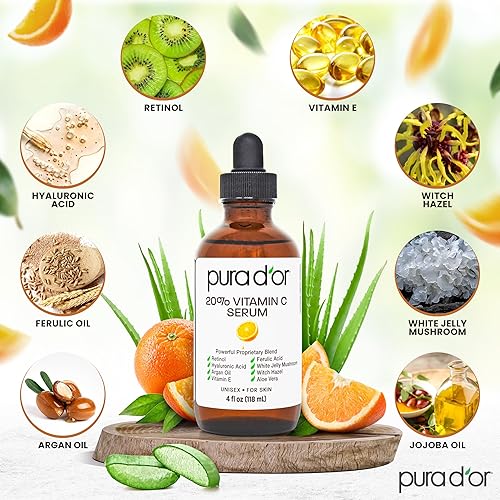 PURA DOR VITAMIN C SERUM 20 WITH RETINOL, HYALURONIC ACID VITAMIN E, 4OZ ANTI-AGING FACE CARE