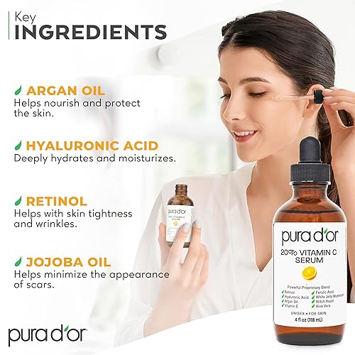 PURA DOR VITAMIN C SERUM 20 WITH RETINOL, HYALURONIC ACID VITAMIN E, 4OZ ANTI-AGING FACE CARE