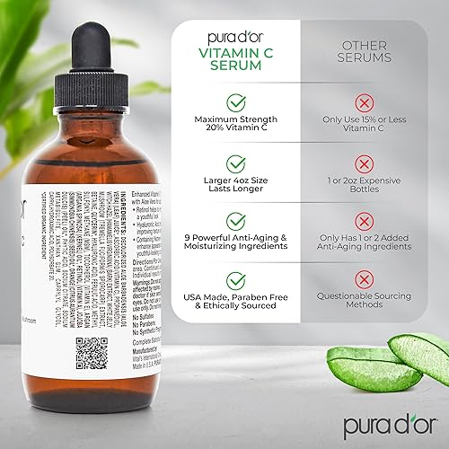 PURA DOR VITAMIN C SERUM 20 WITH RETINOL, HYALURONIC ACID VITAMIN E, 4OZ ANTI-AGING FACE CARE
