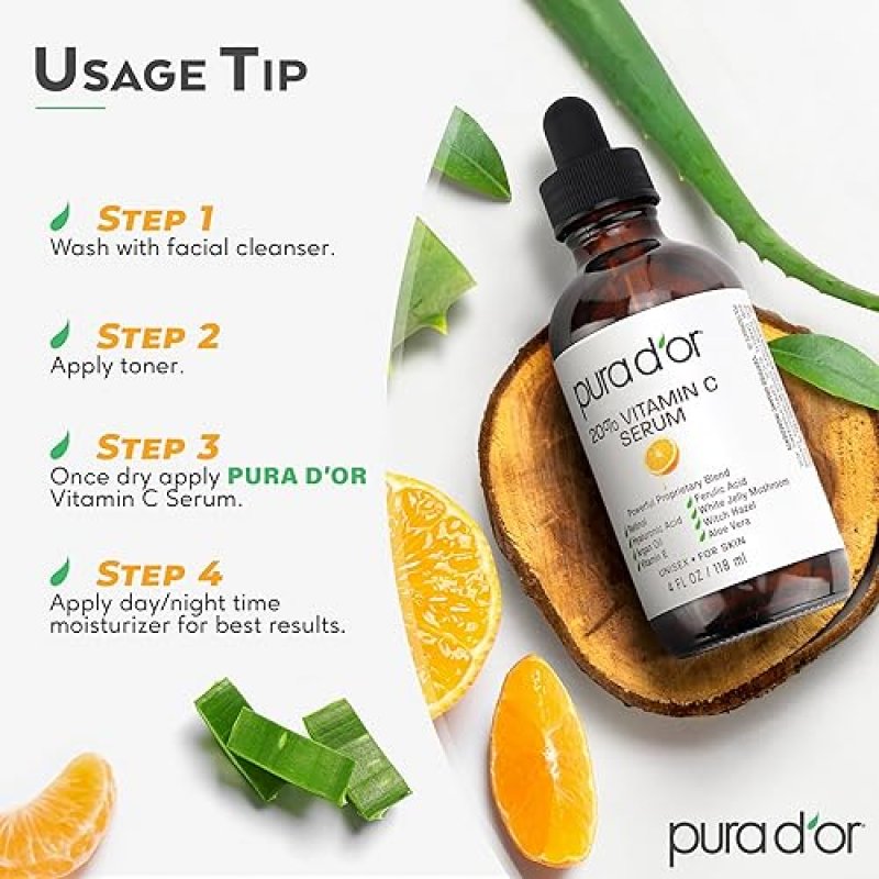 PURA DOR VITAMIN C SERUM 20 WITH RETINOL, HYALURONIC ACID VITAMIN E, 4OZ ANTI-AGING FACE CARE