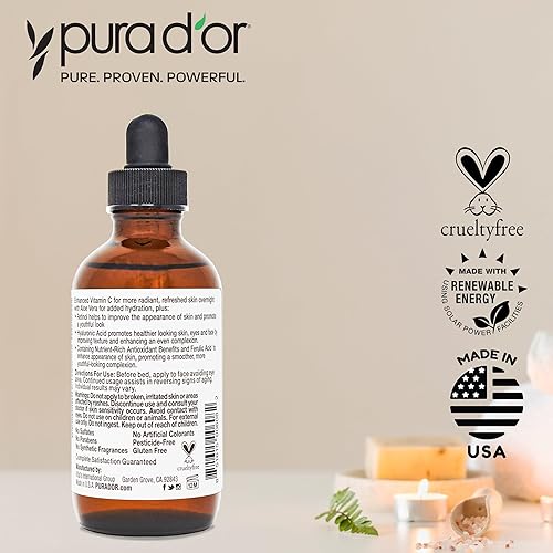 PURA DOR VITAMIN C SERUM 20 WITH RETINOL, HYALURONIC ACID VITAMIN E, 4OZ ANTI-AGING FACE CARE