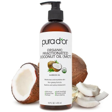 PURA DOR ORGANIC FRACTIONATED COCONUT OIL 16OZ USDA CERTIFIED MCT OIL FOR SKIN, HAIR, MASSAGE, CARRIER OIL