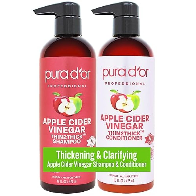 PURA D OR ACV SHAMPOO CONDITIONER SET, BIOTIN KERATIN, THIN2THICK, 16OZ X2, ALL HAIR TYPES