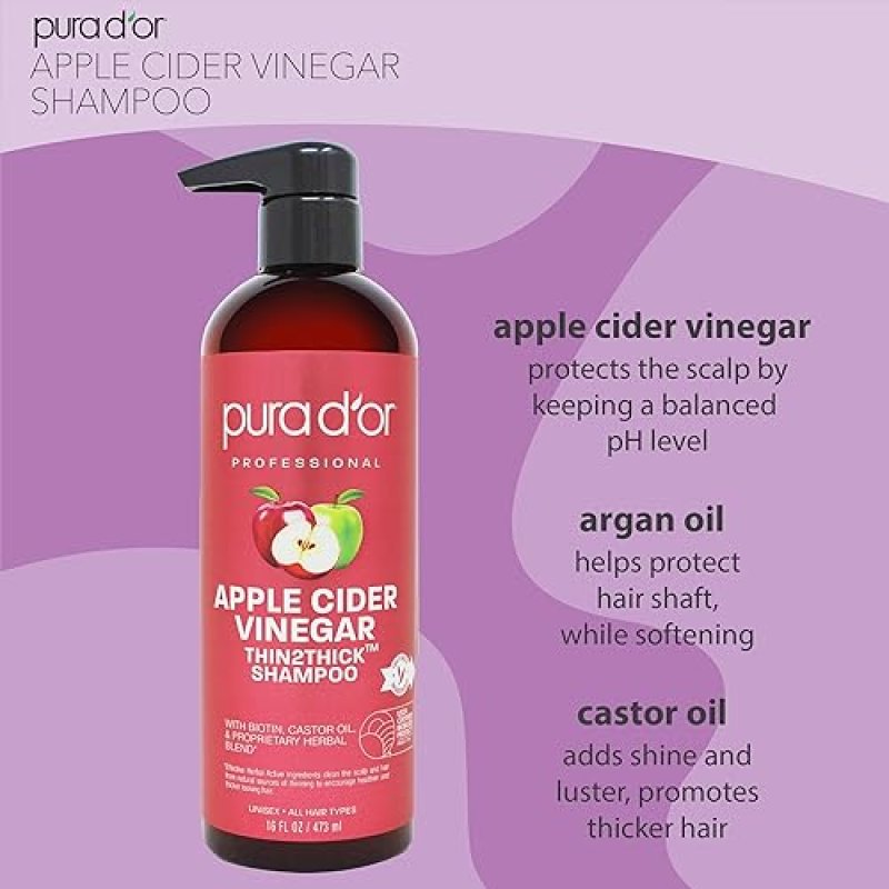 PURA D OR ACV SHAMPOO CONDITIONER SET, BIOTIN KERATIN, THIN2THICK, 16OZ X2, ALL HAIR TYPES