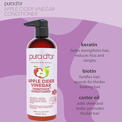 PURA D OR ACV SHAMPOO CONDITIONER SET, BIOTIN KERATIN, THIN2THICK, 16OZ X2, ALL HAIR TYPES