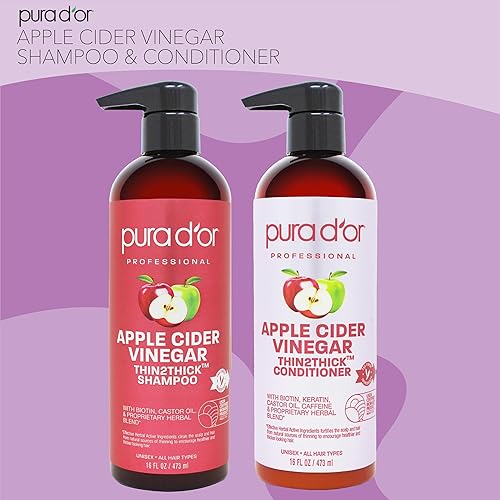 PURA D OR ACV SHAMPOO CONDITIONER SET, BIOTIN KERATIN, THIN2THICK, 16OZ X2, ALL HAIR TYPES