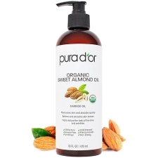 PURA DOR ORGANIC SWEET ALMOND OIL 16OZ COLD PRESSED, USDA CERTIFIED, PURE FOR HAIR SKIN