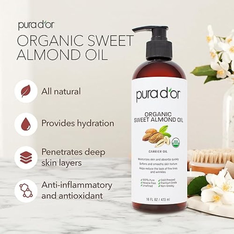 PURA DOR ORGANIC SWEET ALMOND OIL 16OZ COLD PRESSED, USDA CERTIFIED, PURE FOR HAIR SKIN