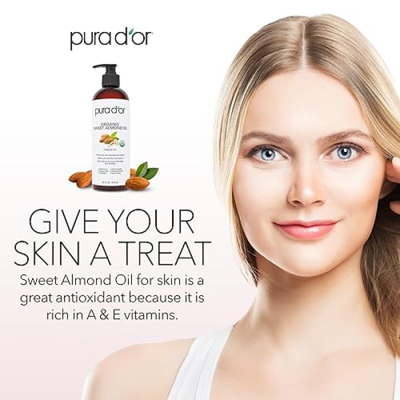 PURA DOR ORGANIC SWEET ALMOND OIL 16OZ COLD PRESSED, USDA CERTIFIED, PURE FOR HAIR SKIN