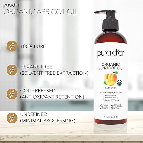 PURA DOR ORGANIC APRICOT KERNEL OIL 16OZ 100 PURE COLD PRESSED USDA CARRIER FOR FACE, SKIN HAIR