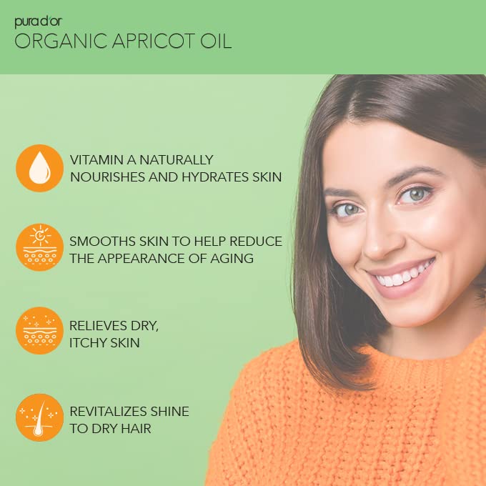 PURA DOR ORGANIC APRICOT KERNEL OIL 16OZ 100 PURE COLD PRESSED USDA CARRIER FOR FACE, SKIN HAIR