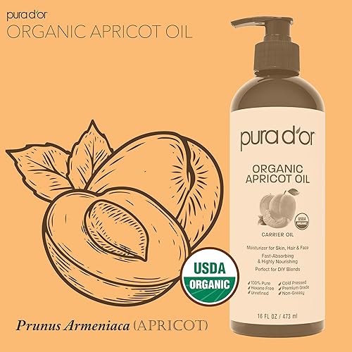 PURA DOR ORGANIC APRICOT KERNEL OIL 16OZ 100 PURE COLD PRESSED USDA CARRIER FOR FACE, SKIN HAIR
