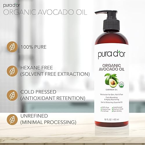PURA DOR ORGANIC AVOCADO OIL 16OZ 100 PURE COLD PRESSED USDA CARRIER OIL FOR SKIN HAIR