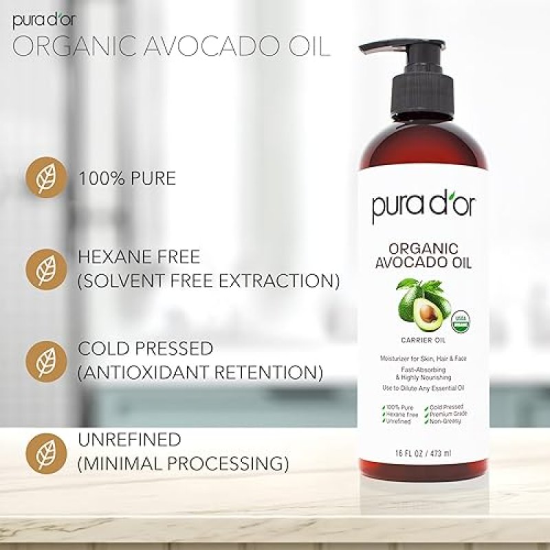 PURA DOR ORGANIC AVOCADO OIL 16OZ 100 PURE COLD PRESSED USDA CARRIER OIL FOR SKIN HAIR