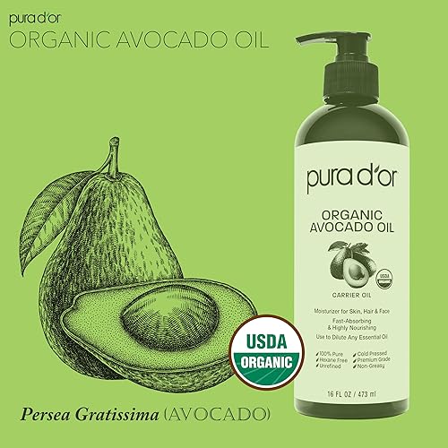PURA DOR ORGANIC AVOCADO OIL 16OZ 100 PURE COLD PRESSED USDA CARRIER OIL FOR SKIN HAIR