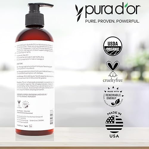PURA DOR ORGANIC AVOCADO OIL 16OZ 100 PURE COLD PRESSED USDA CARRIER OIL FOR SKIN HAIR