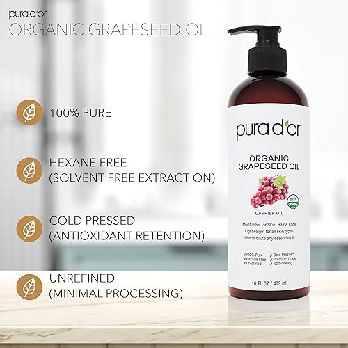 PURA DOR ORGANIC GRAPESEED OIL 16OZ 100 PURE COLD PRESSED CARRIER OIL FOR SKIN HAIR