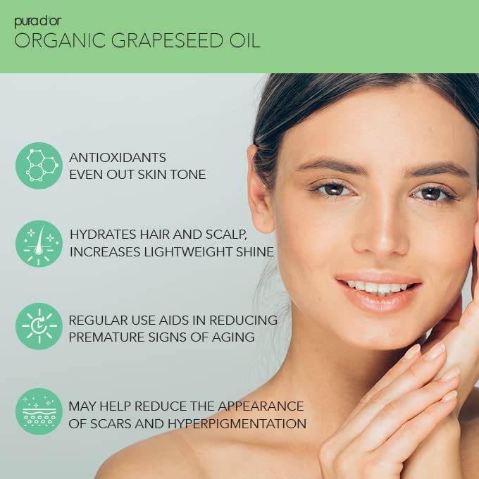 PURA DOR ORGANIC GRAPESEED OIL 16OZ 100 PURE COLD PRESSED CARRIER OIL FOR SKIN HAIR