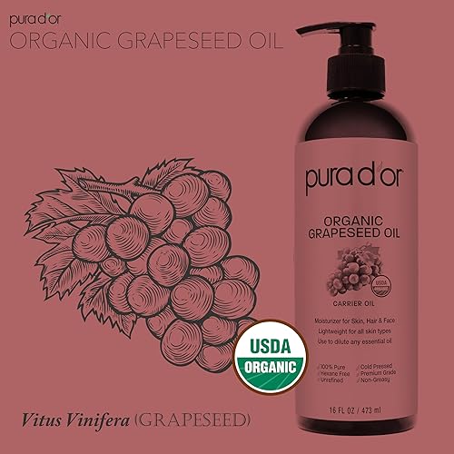 PURA DOR ORGANIC GRAPESEED OIL 16OZ 100 PURE COLD PRESSED CARRIER OIL FOR SKIN HAIR