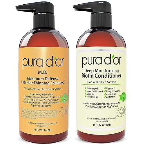 PURA DOR MD ANTI-THINNING BIOTIN SHAMPOO CONDITIONER SET, 16OZ, HAIR THICKENING FOR MEN WOMEN