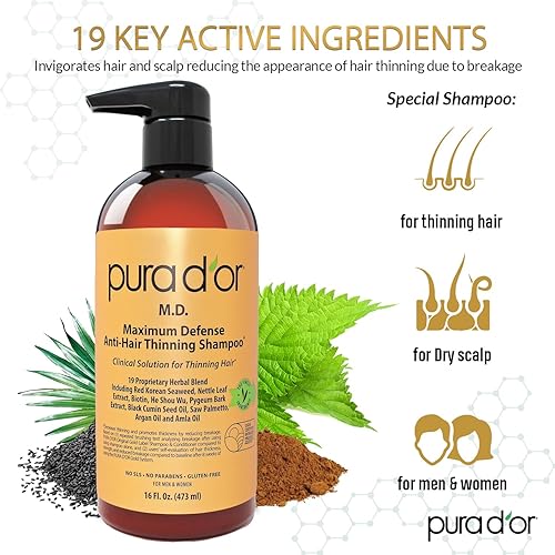 PURA DOR MD ANTI-THINNING BIOTIN SHAMPOO CONDITIONER SET, 16OZ, HAIR THICKENING FOR MEN WOMEN