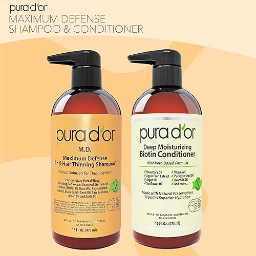 PURA DOR MD ANTI-THINNING BIOTIN SHAMPOO CONDITIONER SET, 16OZ, HAIR THICKENING FOR MEN WOMEN