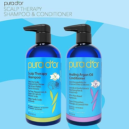 PURA DOR SCALP THERAPY SHAMPOO CONDITIONER SET - ITCHY SCALP RELIEF, TEA TREE, BIOTIN, 16OZ