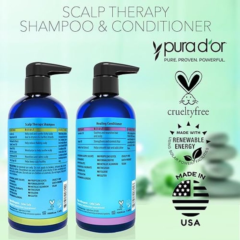 PURA DOR SCALP THERAPY SHAMPOO CONDITIONER SET - ITCHY SCALP RELIEF, TEA TREE, BIOTIN, 16OZ
