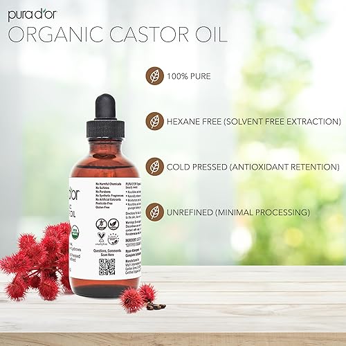 PURA DOR ORGANIC CASTOR OIL 4OZ COLD-PRESSED, HEXANE-FREE, USDA CERTIFIED FOR HAIR SKIN
