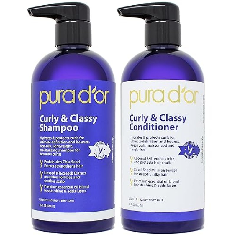 PURA DOR CURLY CLASSY SHAMPOO CONDITIONER SET FOR DEFINED CURLS WITH ARGAN COCONUT OILS