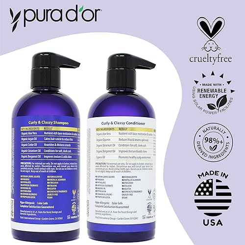 PURA DOR CURLY CLASSY SHAMPOO CONDITIONER SET FOR DEFINED CURLS WITH ARGAN COCONUT OILS
