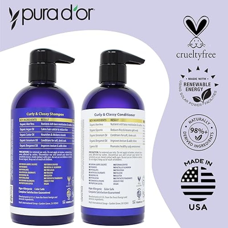 PURA DOR CURLY CLASSY SHAMPOO CONDITIONER SET FOR DEFINED CURLS WITH ARGAN COCONUT OILS