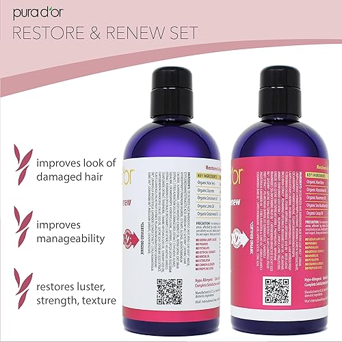 PURA DOR RESTORE RENEW SHAMPOO CONDITIONER SET WITH ORGANIC ALOE VERA, ROSEMARY COCONUT