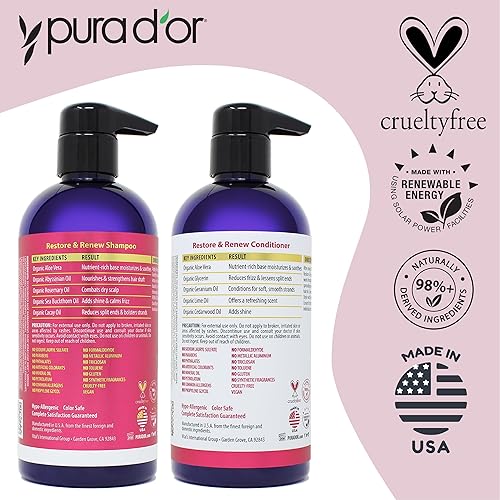 PURA DOR RESTORE RENEW SHAMPOO CONDITIONER SET WITH ORGANIC ALOE VERA, ROSEMARY COCONUT