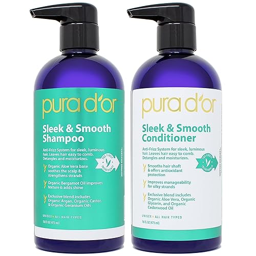 PURA DOR SLEEK SMOOTH SHAMPOO CONDITIONER SET FOR FRIZZ-FREE HAIR WITH ORGANIC OILS, 16OZ