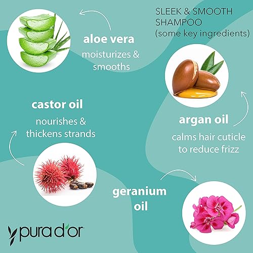 PURA DOR SLEEK SMOOTH SHAMPOO CONDITIONER SET FOR FRIZZ-FREE HAIR WITH ORGANIC OILS, 16OZ