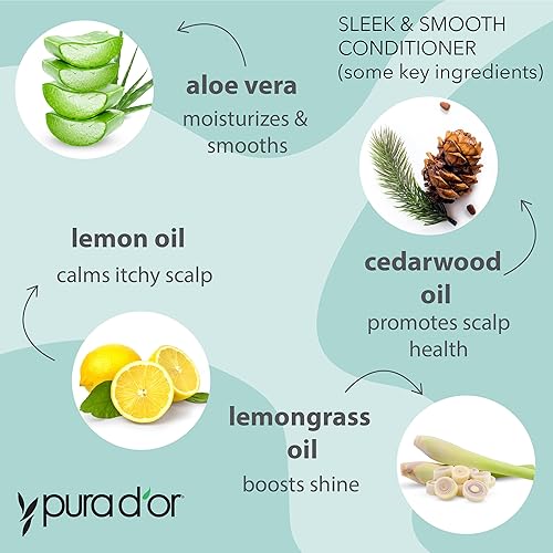 PURA DOR SLEEK SMOOTH SHAMPOO CONDITIONER SET FOR FRIZZ-FREE HAIR WITH ORGANIC OILS, 16OZ