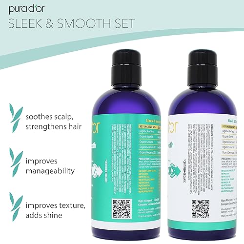 PURA DOR SLEEK SMOOTH SHAMPOO CONDITIONER SET FOR FRIZZ-FREE HAIR WITH ORGANIC OILS, 16OZ